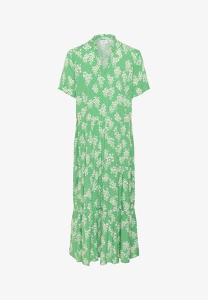 Groene bloemenjurk met korte mouwen, v-hals en gelaagde rok. Witte bloemenpatroon. Gemaakt van lichtgewicht, flexibel materiaal.