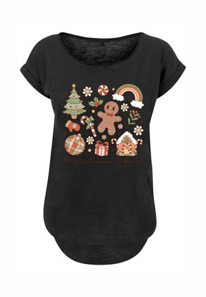 Black shirt with Christmas-themed illustrations including a tree, gingerbread man, candy canes, gift, mittens, rainbow, and gingerbread house.