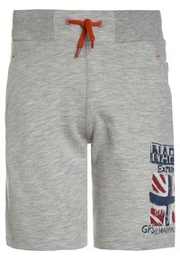 Pantaloni corti in cotone grigio con cintura a coste e cordino arancione. Presenta un design della bandiera britannica stampato e accenti del logo sulla gamba sinistra.