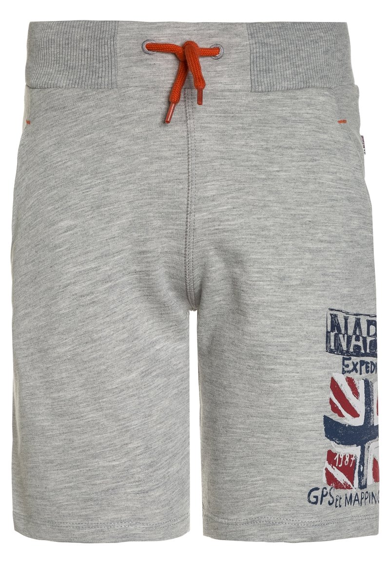 Pantaloni corti in cotone grigio con cintura a coste e cordino arancione. Presenta un design della bandiera britannica stampato e accenti del logo sulla gamba sinistra.