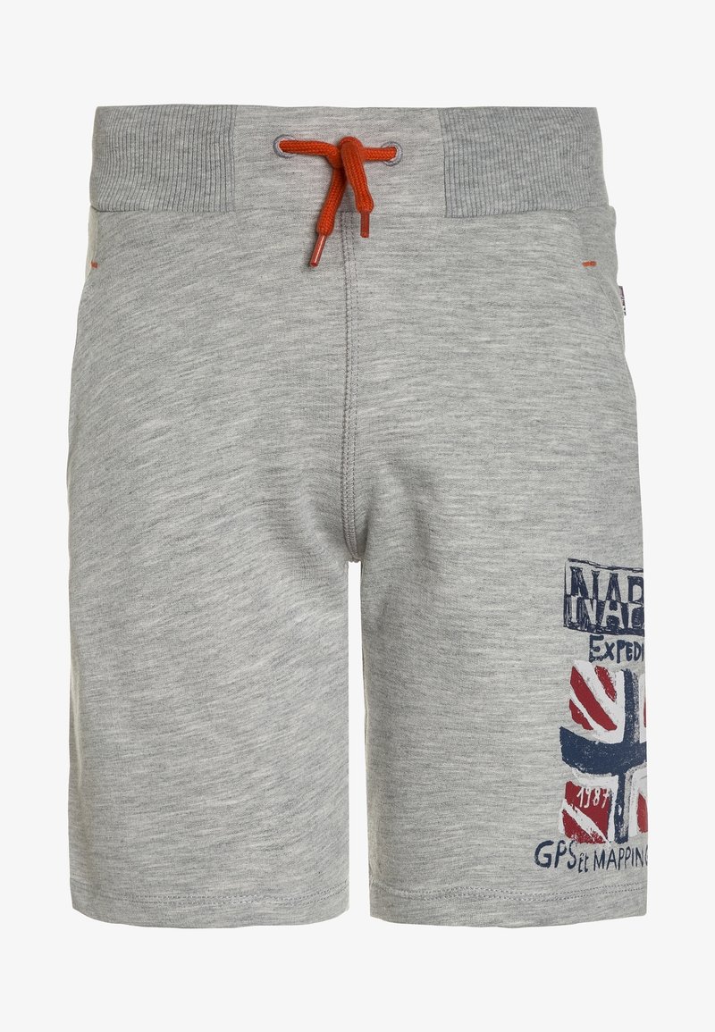 Pantaloni corti in cotone grigio con cintura a coste e cordino arancione. Presenta un design della bandiera britannica stampato e accenti del logo sulla gamba sinistra.