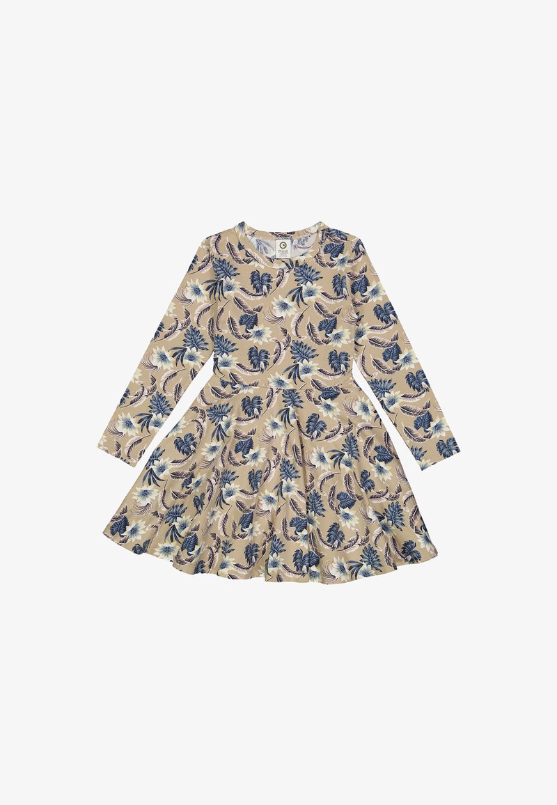 Long-sleeve dress in beige with a floral pattern in blue and white, flared skirt design, soft cotton material, round neckline.