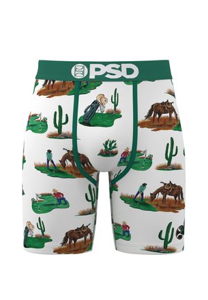 Men's boxer briefs with a green elastic waistband and a colorful print of cowboys, cacti, and golf scenes on a white background.