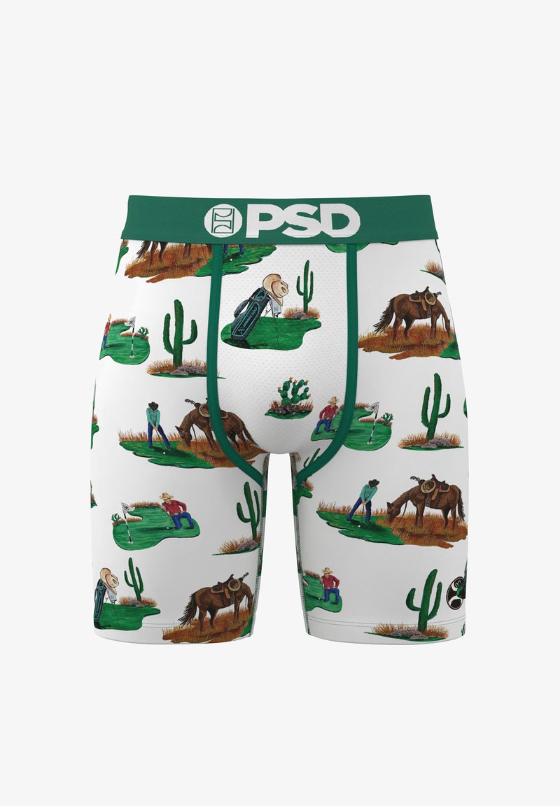Men's boxer briefs with a green elastic waistband and a colorful print of cowboys, cacti, and golf scenes on a white background.