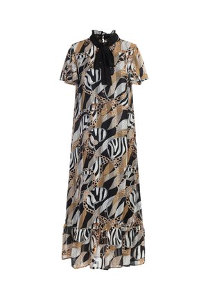 Rochie maxi în imprimeu negru, alb și brun; prezintă modele cu lanțuri și frunze, margine ondulată și detalii cu funda la gât. Mâneci scurte, design fluid.