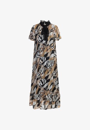 Rochie maxi în imprimeu negru, alb și brun; prezintă modele cu lanțuri și frunze, margine ondulată și detalii cu funda la gât. Mâneci scurte, design fluid.
