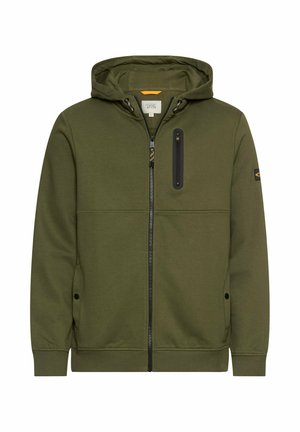 Olive green zip-up hoodie made of soft fabric. Features a front zipper, a chest pocket, and adjustable drawstrings at the hood.