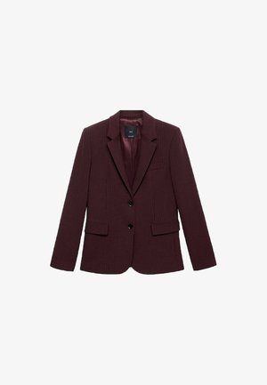 Blazer bordeaux a righe sottili, con rever a incavo, due bottoni frontali, tasche con patta e maniche lunghe, mostrato disteso su sfondo bianco.