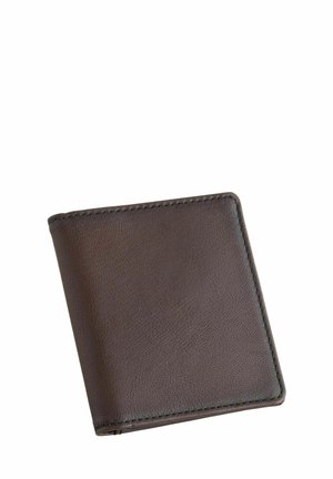 Brown leather wallet with a textured surface, bi-fold design, subtle stitching, and a smooth interior. Compact and square-shaped.