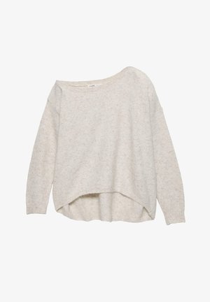 Svijetlo bež džemper od mekanog, teksturiranog tkanja. Ima širok izrez, duge rukave i zaobljen rub s malo dužim stražnjim dijelom.