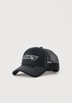 Svart baseballcaps i mesh med hvite kontrastsømmer og "obey"-logo brodert på frontpanelet, justerbar snapback-lukking bak.