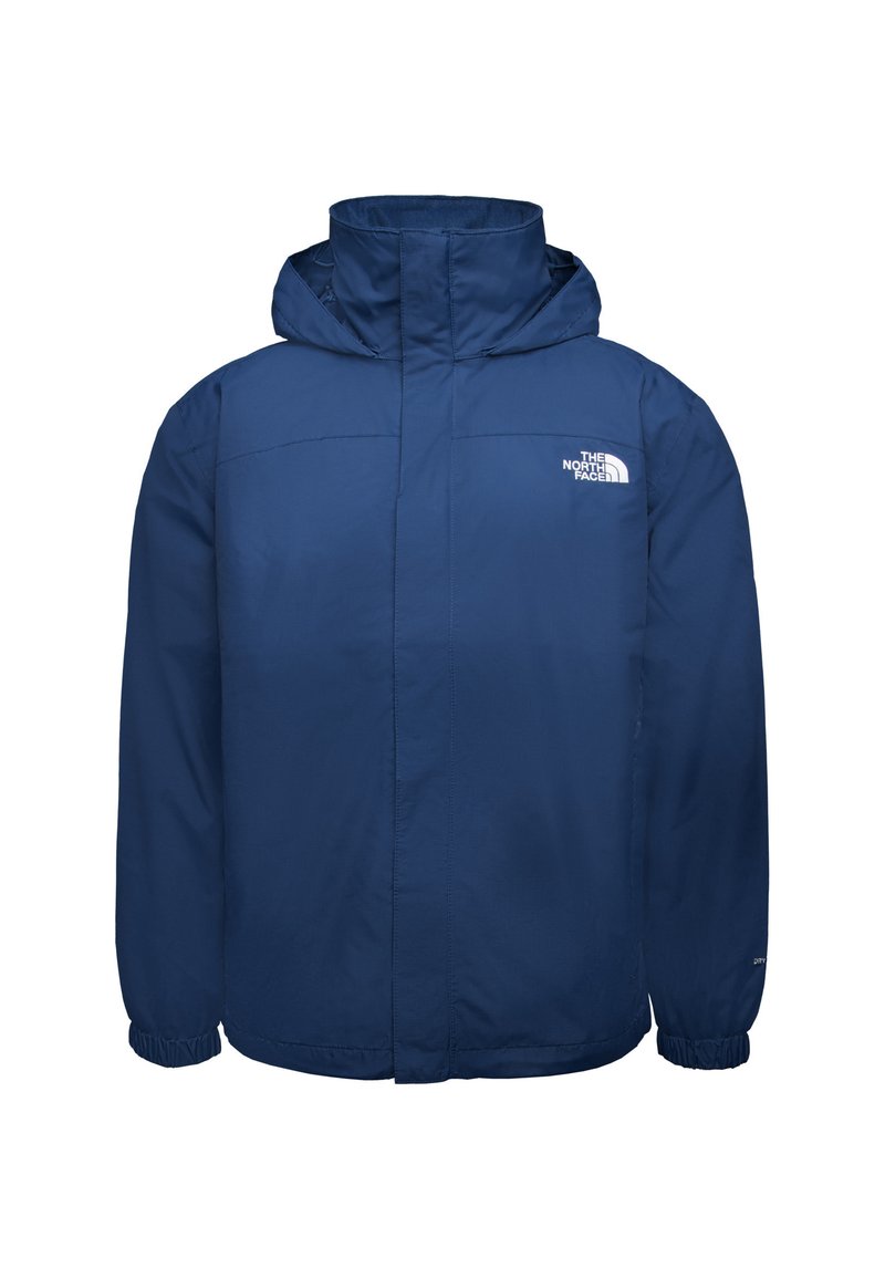 Marinblå vattentät jacka med hög krage, justerbar huva, elastiska ärmar och vit logotyp på vänster bröst. Klassisk utomhusdesign.