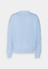 Ljusblå sweatshirt, rundad hals, långa ärmar, ribbat nederkant och ärmslut, mjukt tyg, minimalistisk design, inga synliga logotyper eller mönster.