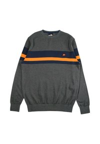 Pull gris avec des rayures horizontales bleu marine et orange, col rond, poignets et ourlet côtelés. Logo sur la poitrine gauche.