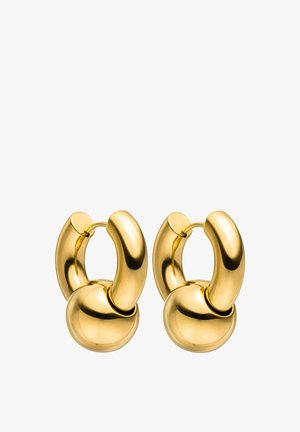 Goldfarbene Creolen mit einem glatten, gerundeten Design und einem kugelförmigen Akzent. Die Oberfläche hat ein poliertes, reflektierendes Finish.