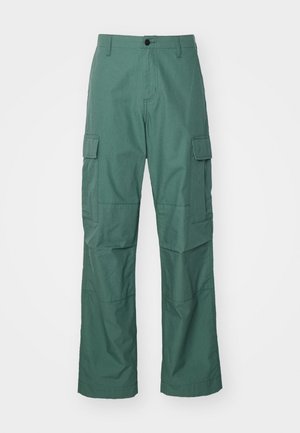 Cargo pants in dark green, made of textured fabric. Features include side cargo pockets and a straight-leg cut with a button closure.