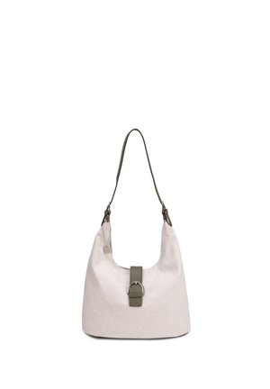 Borsa a tracolla in tessuto beige con tracolla verde oliva, dettaglio fibbia e chiusura argento.