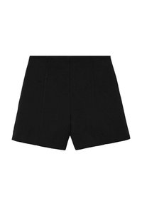 Shorts noirs au design ajusté, avec des bords droits, des coutures contrastées et un tissu lisse et texturé.
