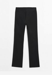 Black, fitted trousers with a smooth texture, straight legs, and a clean waistband. No visible hardware or patterns. Flat back view.