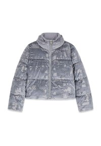 Graue Steppjacke mit hohem Kragen, glänzenden Paillettenverzierungen, Reißverschluss vorne und strukturiertem Stoff in einem kurz geschnittenen Design.