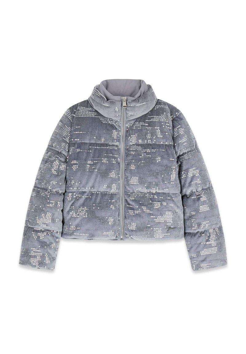 Graue Steppjacke mit hohem Kragen, glänzenden Paillettenverzierungen, Reißverschluss vorne und strukturiertem Stoff in einem kurz geschnittenen Design.