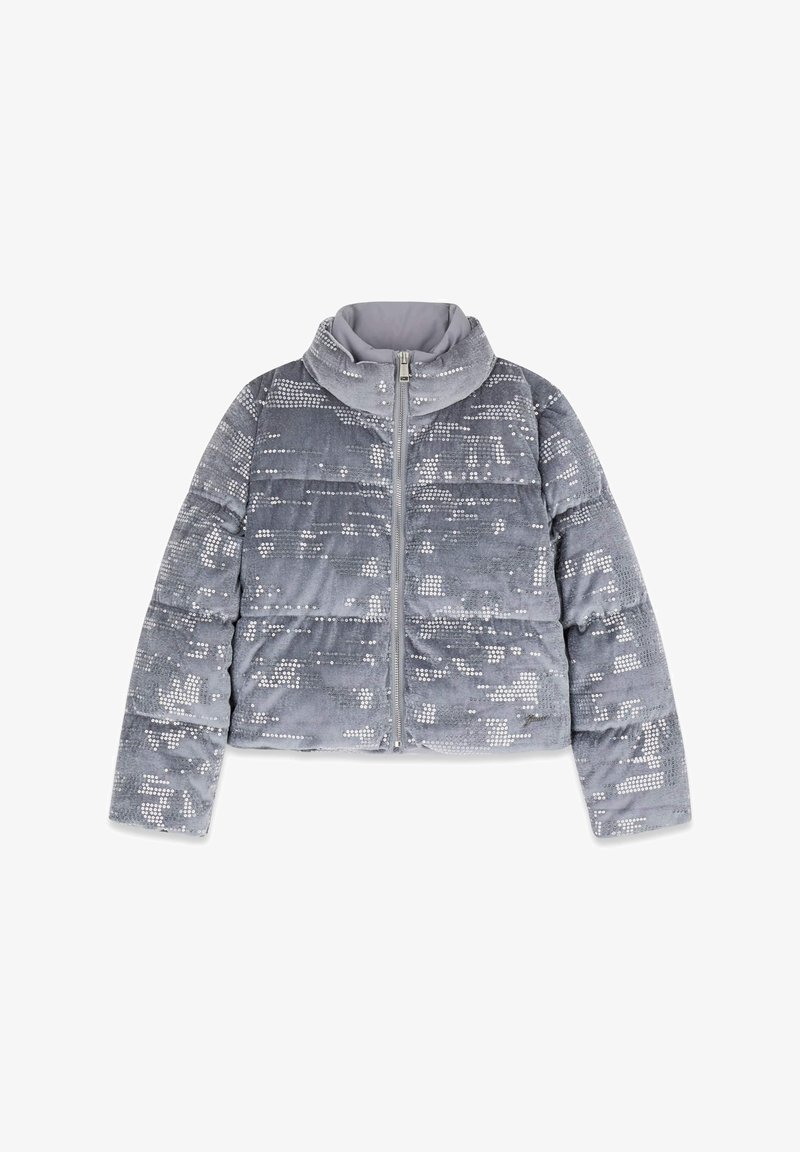 Giacca imbottita grigia con collo alto, dettagli lucidi in paillettes, chiusura frontale con cerniera e tessuto strutturato in un design corto.