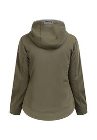 Giacca verde oliva con cappuccio, caratterizzata da una trama liscia e un design aderente, che mostra dettagli delle cuciture e un logo sulla manica sinistra.