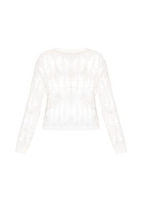 Maglione bianco a maglia tagliato, con texture a lavorazione aperta, maniche lunghe e scollatura rotonda. Motivo distintivo a forma di foglia su tutta la stoffa.