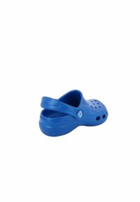 Blue clogs made of lightweight plastic, featuring a back strap, open holes for ventilation, and a textured sole for grip.