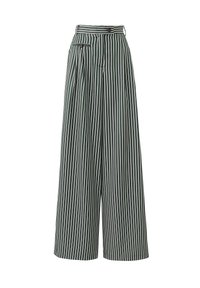 Pantalons à jambes larges en vert foncé avec des rayures verticales blanches, dotés d'une taille haute, de plis avant et d'une poche latérale avec une quincaillerie.
