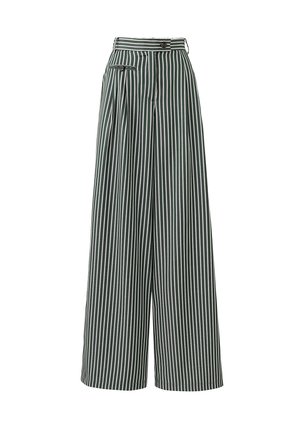 Pantalons à jambes larges en vert foncé avec des rayures verticales blanches, dotés d'une taille haute, de plis avant et d'une poche latérale avec une quincaillerie.