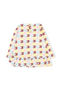 Abito a maniche lunghe con un motivo geometrico multicolore. Realizzato in un tessuto morbido, presenta un orlo arricciato e una chiusura con bottone sul retro.