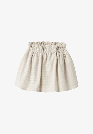 Gonna in tessuto beige a quadri con fascia elastica arricciata e silhouette svasata, pensata per un uso casual.