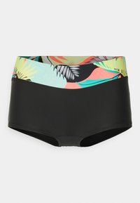 Svart høyde bikini-bunn med et mønstret liv som har tropiske blader i grønt, rosa og blått på en lys bakgrunn.