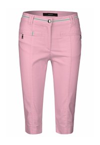 Helle rosa Capri-Hosen aus leichtem Stoff, mit schmaler Passform, Gürtelschlaufen mit einem kontrastierenden gestreiften Design und Seitentaschen.