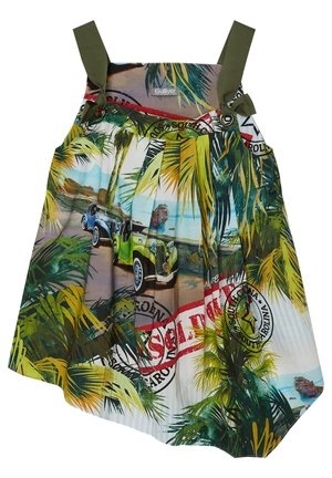 Jurk met tropische print met ontwerpen van groene en blauwe vintage auto's, palmbladeren en een rood gestempeld detail. Verstelbare groene bandjes.