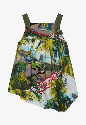 Tropisk kjole med grønne og blå vintagebilmotiver, palmeblade og en rød stemplet detalje. Justerbare grønne stropper.