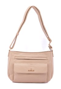 Beige Leder-Umhängetasche mit strukturiertem Finish, einer Vorderseite mit Klapptasche und einem dünnen, verstellbaren Schulterriemen. Akzente in goldfarbener Metallausführung.