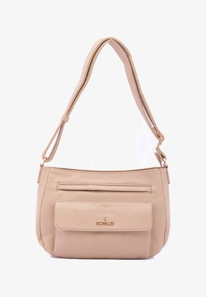 Beige Leder-Umhängetasche mit strukturiertem Finish, einer Vorderseite mit Klapptasche und einem dünnen, verstellbaren Schulterriemen. Akzente in goldfarbener Metallausführung.