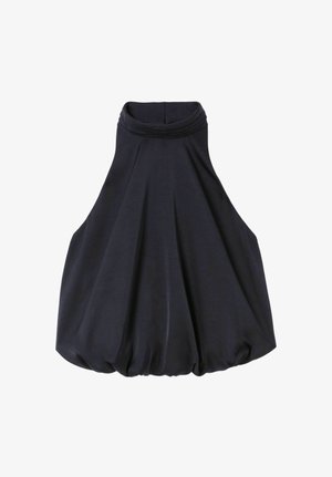 Robe noire sans manches avec un col montant et un ourlet bouffant volumineux et froncé.