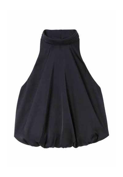 Vestito nero senza maniche con collo alto e orlo ampio e arricciato a bolle.