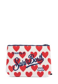 Pochette con zip in tessuto bianco con motivi a cuore rossi. "Sognando Saint Barth" e "Paradiso Invernale" stampati in blu navy.