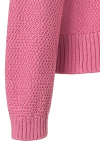 Cashmere sweater in a textured, pink knit. Features a ribbed hem and cuffs, showing a soft, cozy material and distinct pattern.