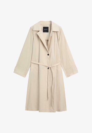 Trench beige fino al ginocchio con ampio colletto, maniche lunghe, due bottoni neri e cintura annodata in vita.