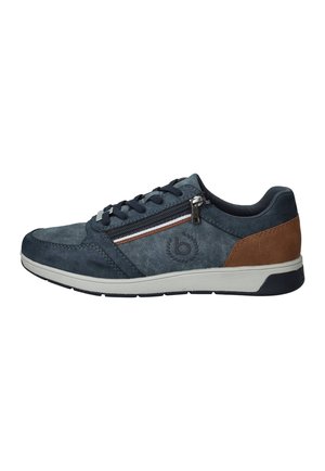 Casual mørkeblå sneaker med brun hælpude, hvid sål, snørelukning foran og sidelukning med lynlås med stribet detalje og broderet logo.