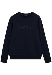 Sudadera azul marino fabricada en suave material de algodón, con escote redondo, mangas largas y un sutil logo de J.Lindeberg en el centro.