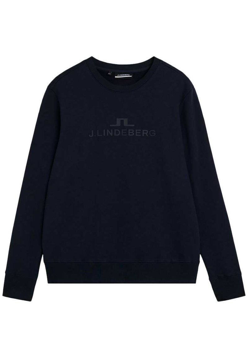 Sudadera azul marino fabricada en suave material de algodón, con escote redondo, mangas largas y un sutil logo de J.Lindeberg en el centro.