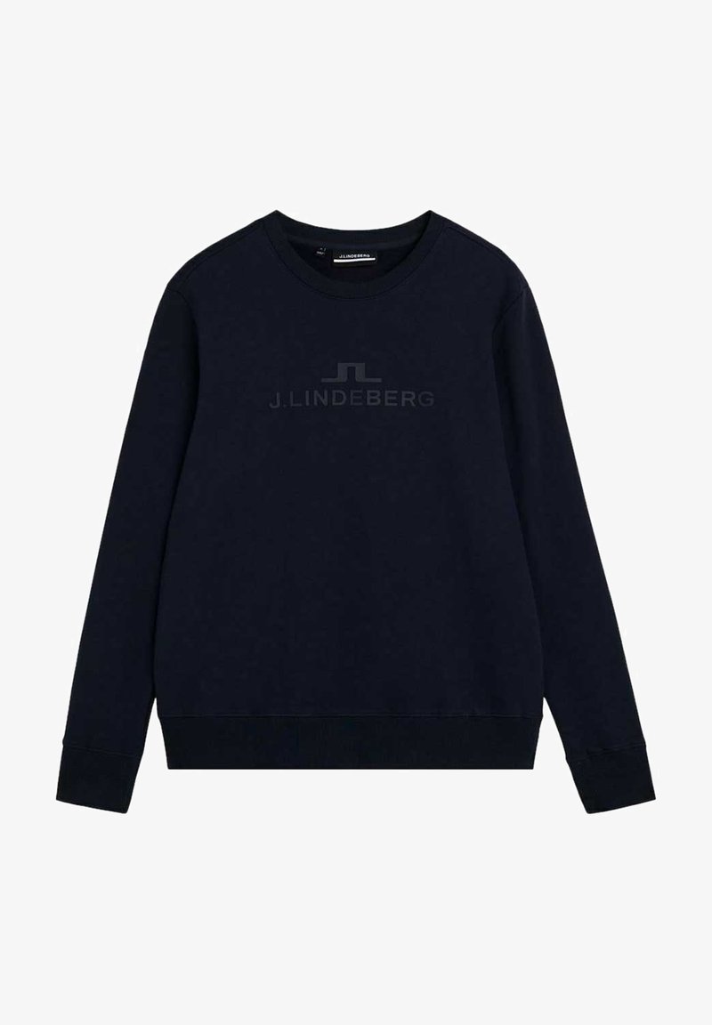 Sudadera azul marino fabricada en suave material de algodón, con escote redondo, mangas largas y un sutil logo de J.Lindeberg en el centro.