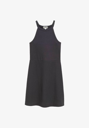 Szara, prążkowana sukienka na ramiączkach z dopasowanym gorsetem, dekoltem na szyi i rozkloszowanym dołem. Charakteryzuje się gładką teksturą i brakiem widocznych elementów metalowych lub wzorów.