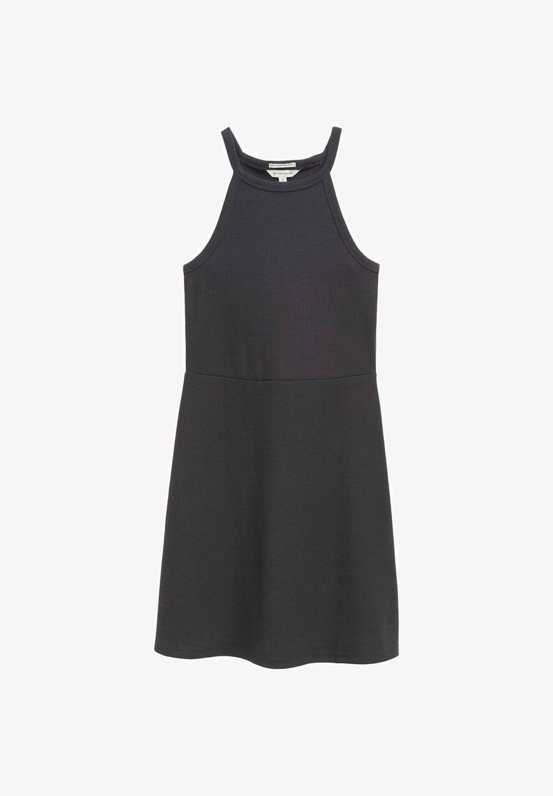 Szara, prążkowana sukienka na ramiączkach z dopasowanym gorsetem, dekoltem na szyi i rozkloszowanym dołem. Charakteryzuje się gładką teksturą i brakiem widocznych elementów metalowych lub wzorów.